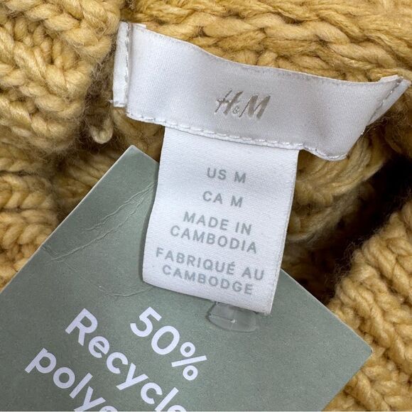 H&M Chunky Knit Funnel Neck Barrel Sleeve Crop Sweater Yellow Medium - Picture 9 of 12